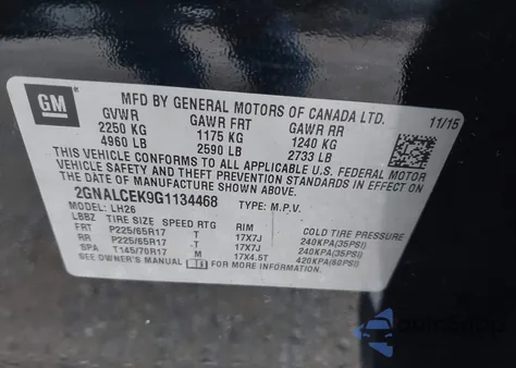 2016 Chevrolet Equinox Lt из США, поврежденный, VIN 2GNALCEK9G1134468